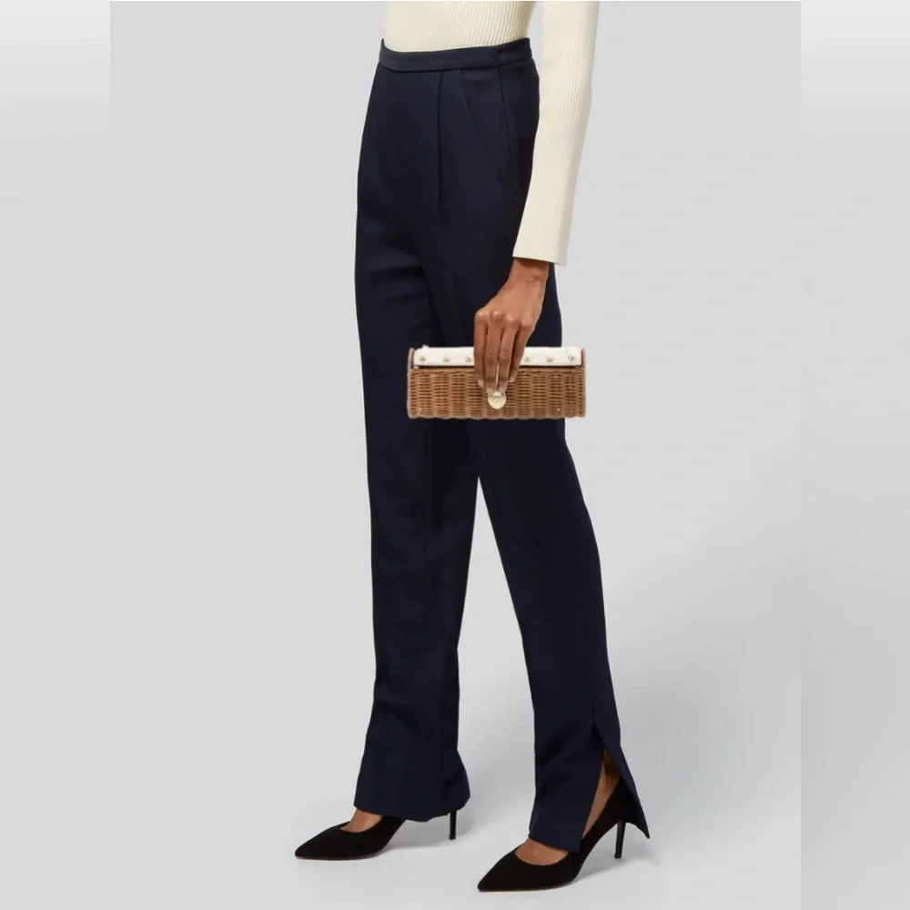 Michael Kors Wicker Minaudière Santorini White Leather Gold Studded Straw Clutch